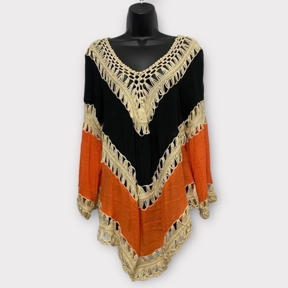 UMGEE Orange Black & Cream Boho Hippie Long Sleeve Crochet Tunic Top Size Medium